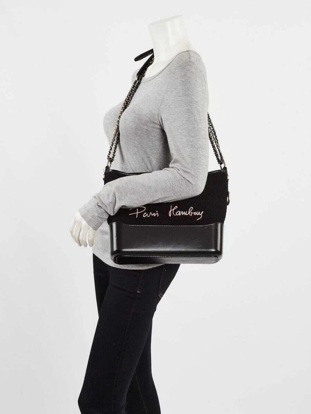 Chanel Black Wool/Leather Paris-Hamburg Medium Gabrielle Hobo Bag